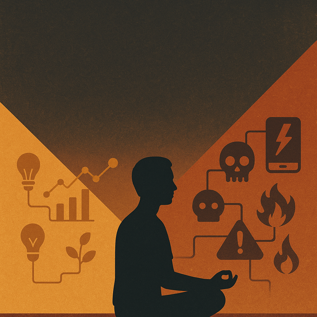 A person meditating, with constructive and destructive uses of technology branching out from them.